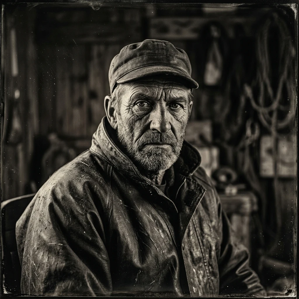 A wet-plate collodion tintype portrait of a weathered lighthouse keeper in oilskins