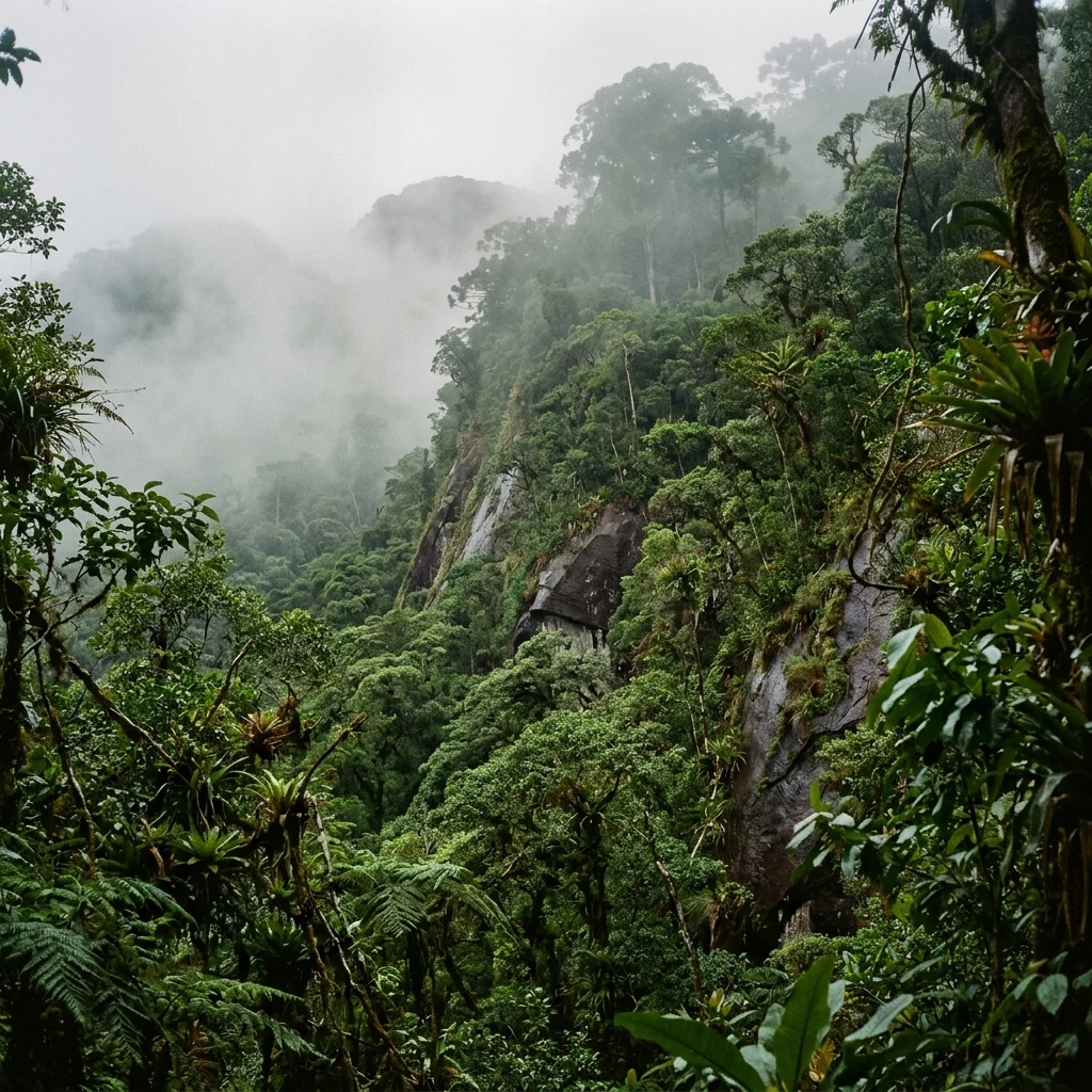 Foggy rainforest canopy on a mountain