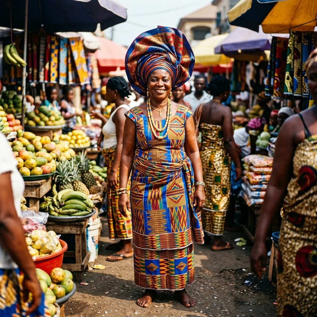 A West African woman wearing an ornate