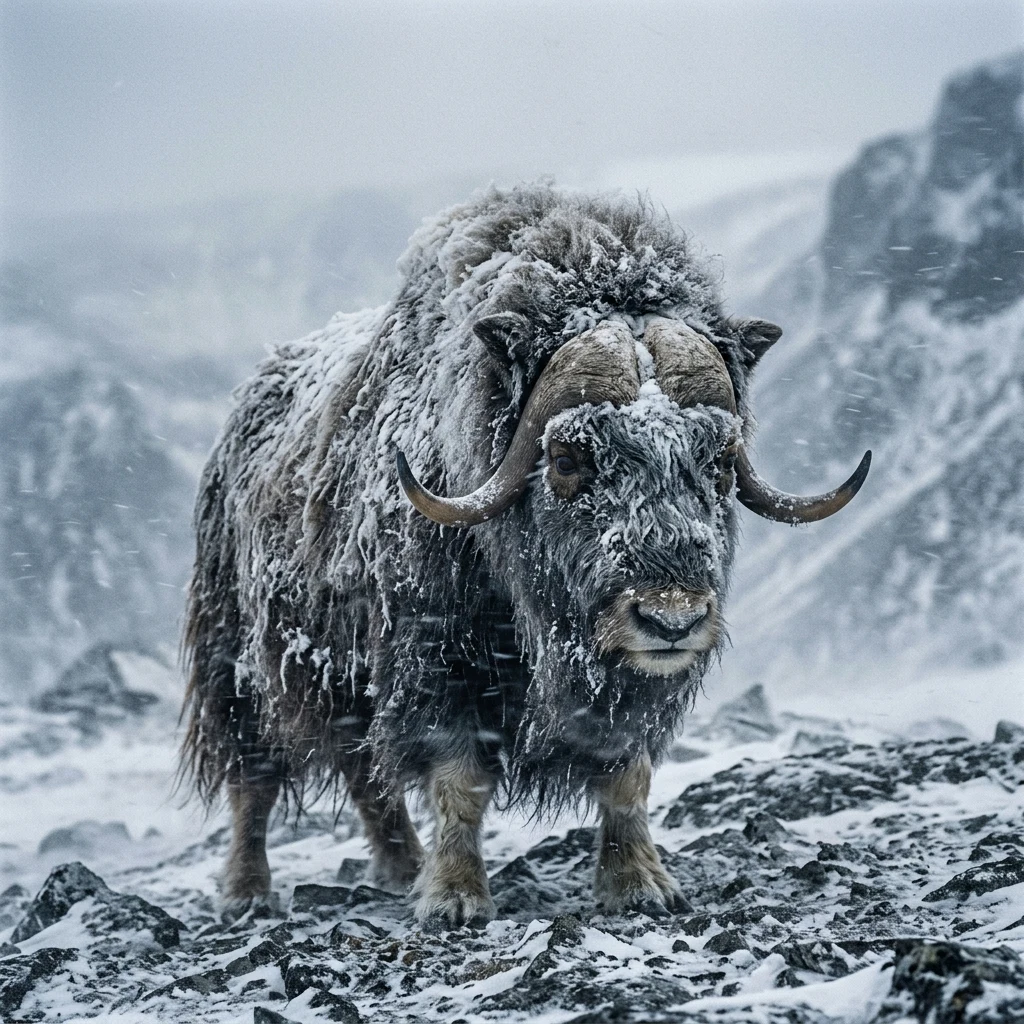 A wild muskox standing in a snowstorm on a rocky plateau in the Byrranga Mountains