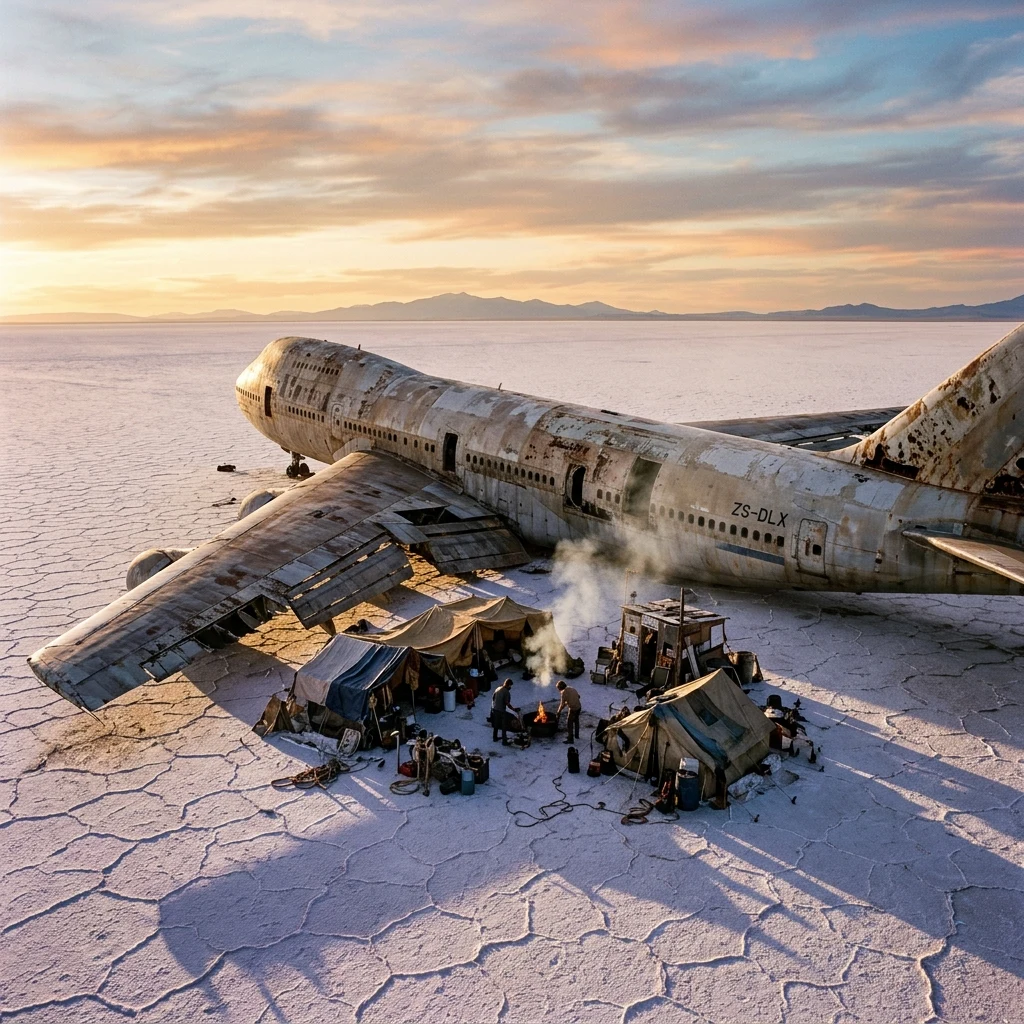 A wrecked widebody airliner on a salt flat with a scavenger camp under the wing