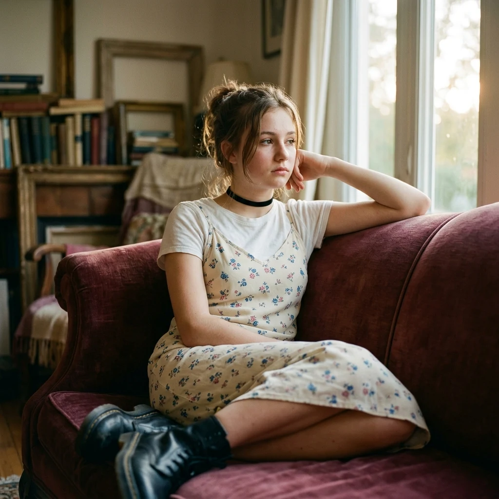 Quiet moment on a velvet couch