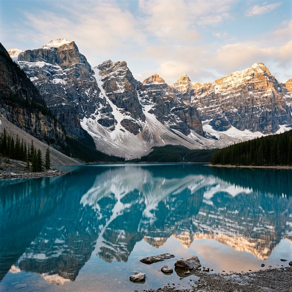 Glacial lake at sunrise in the mountains