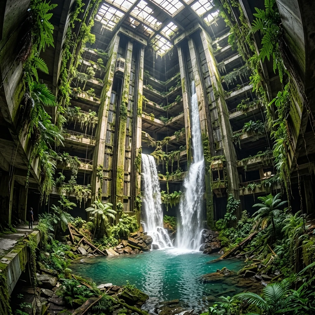 An overgrown skyscraper atrium where a roaring multi-tier waterfall cascades down exposed…