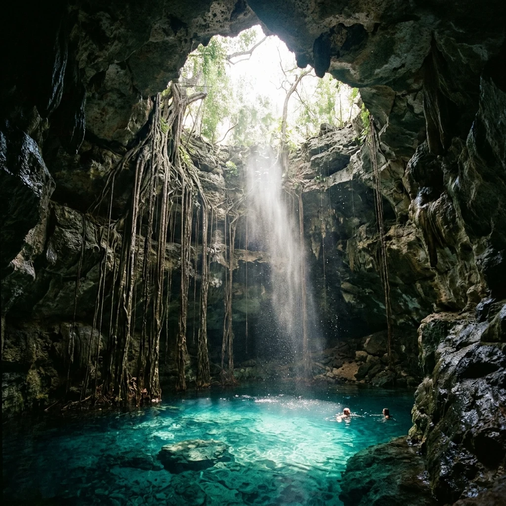 An ancient subterranean cenote in Mexico with a single beam of midday sunlight piercing a…