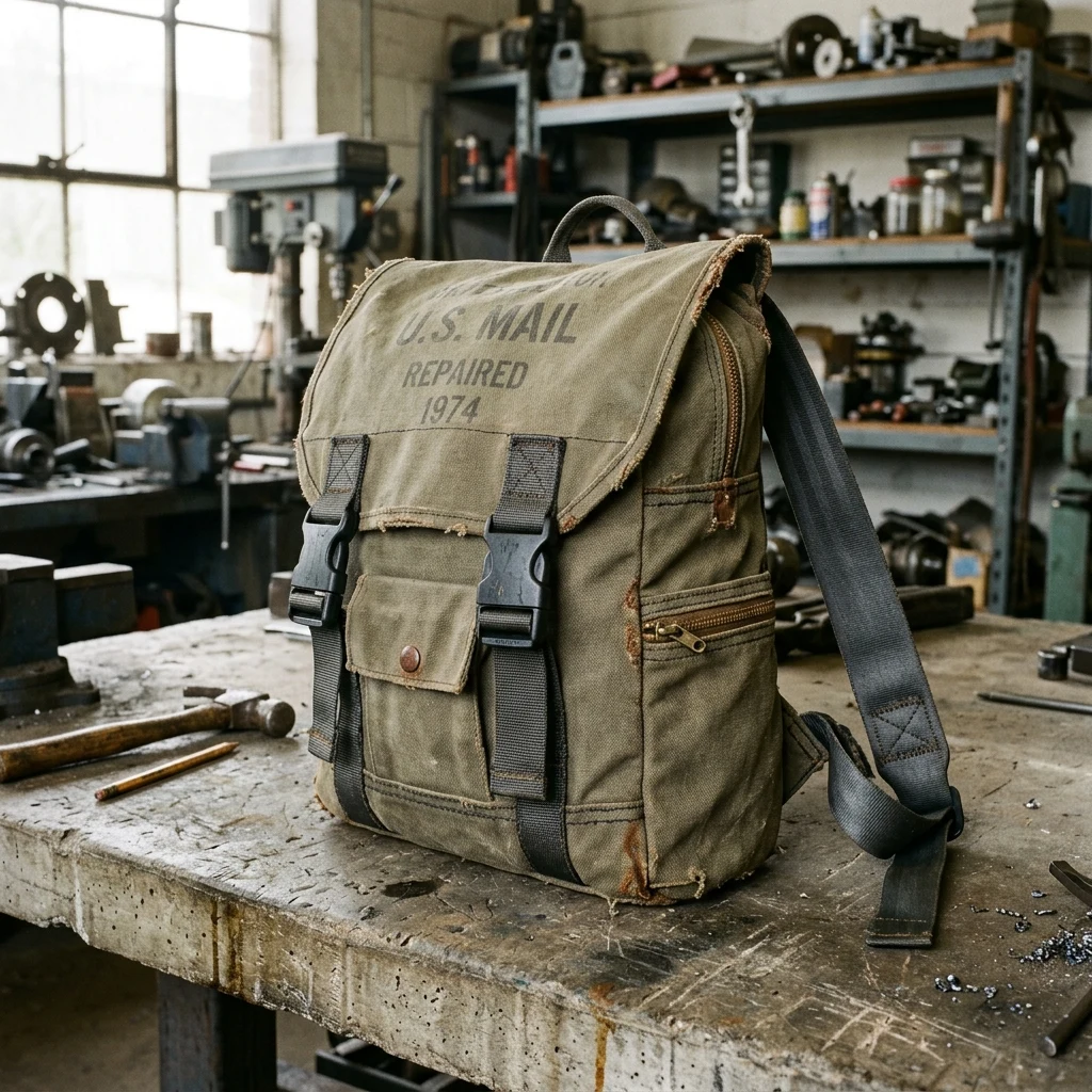 Rugged canvas backpack on a workshop bench