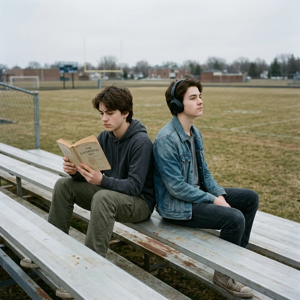 Two friends relaxing on sports field bleachers