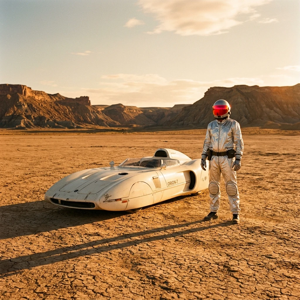 A retro-futuristic 1970s silver foil jumpsuit with ribbed knee pads and a red acrylic…