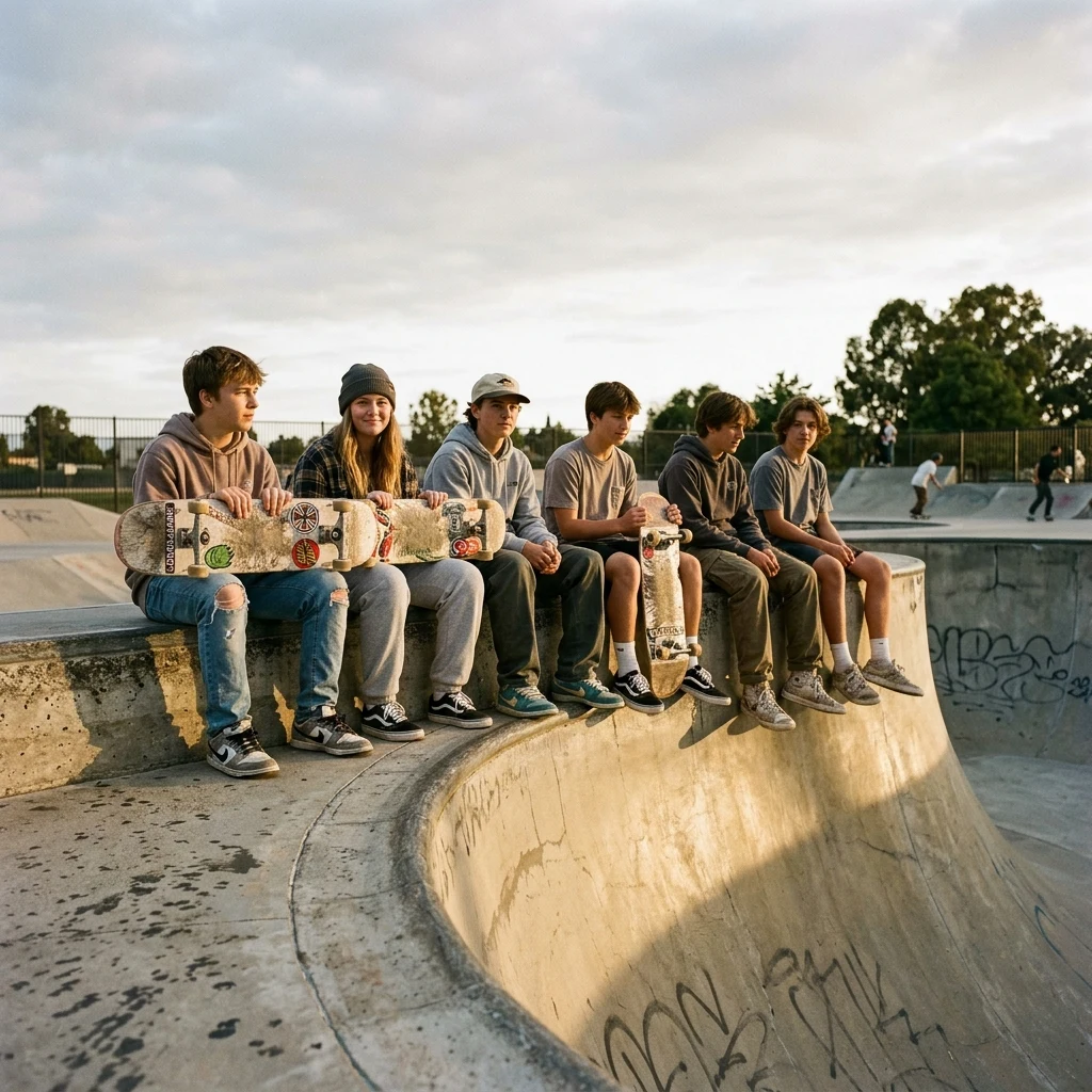 Skaters sitting in a row along the lip of a concrete bowl waiting their turn