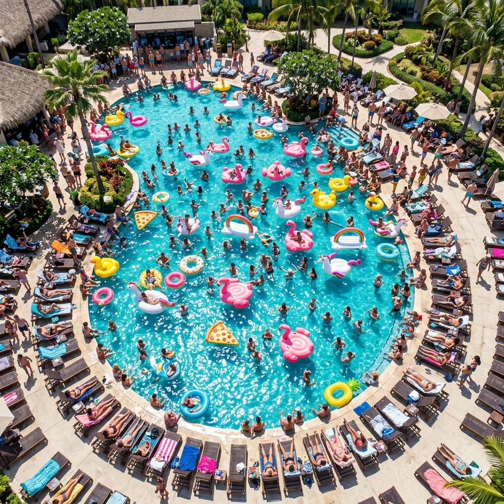 Colorful pool party with giant floats