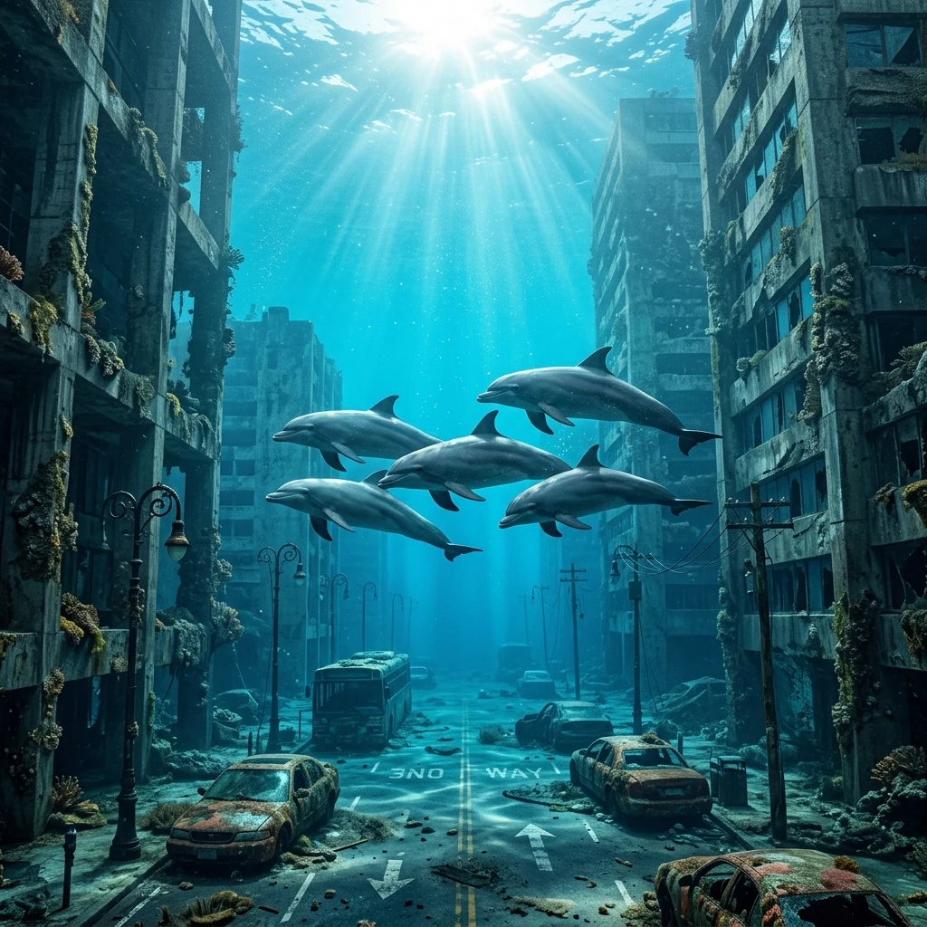 A pod of dolphins swimming through a flooded urban boulevard between barnacle-encrusted…