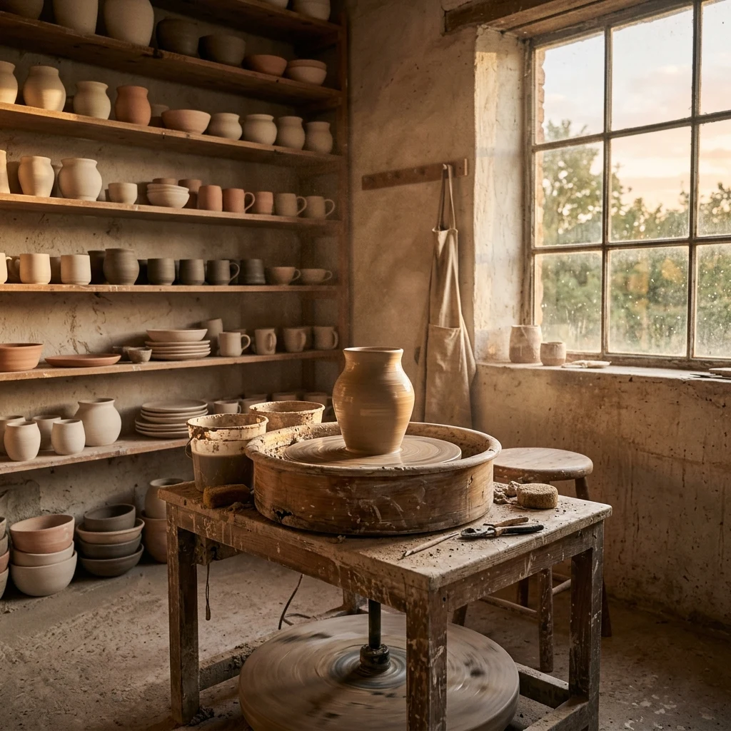 Sunlit pottery studio with clay vessels