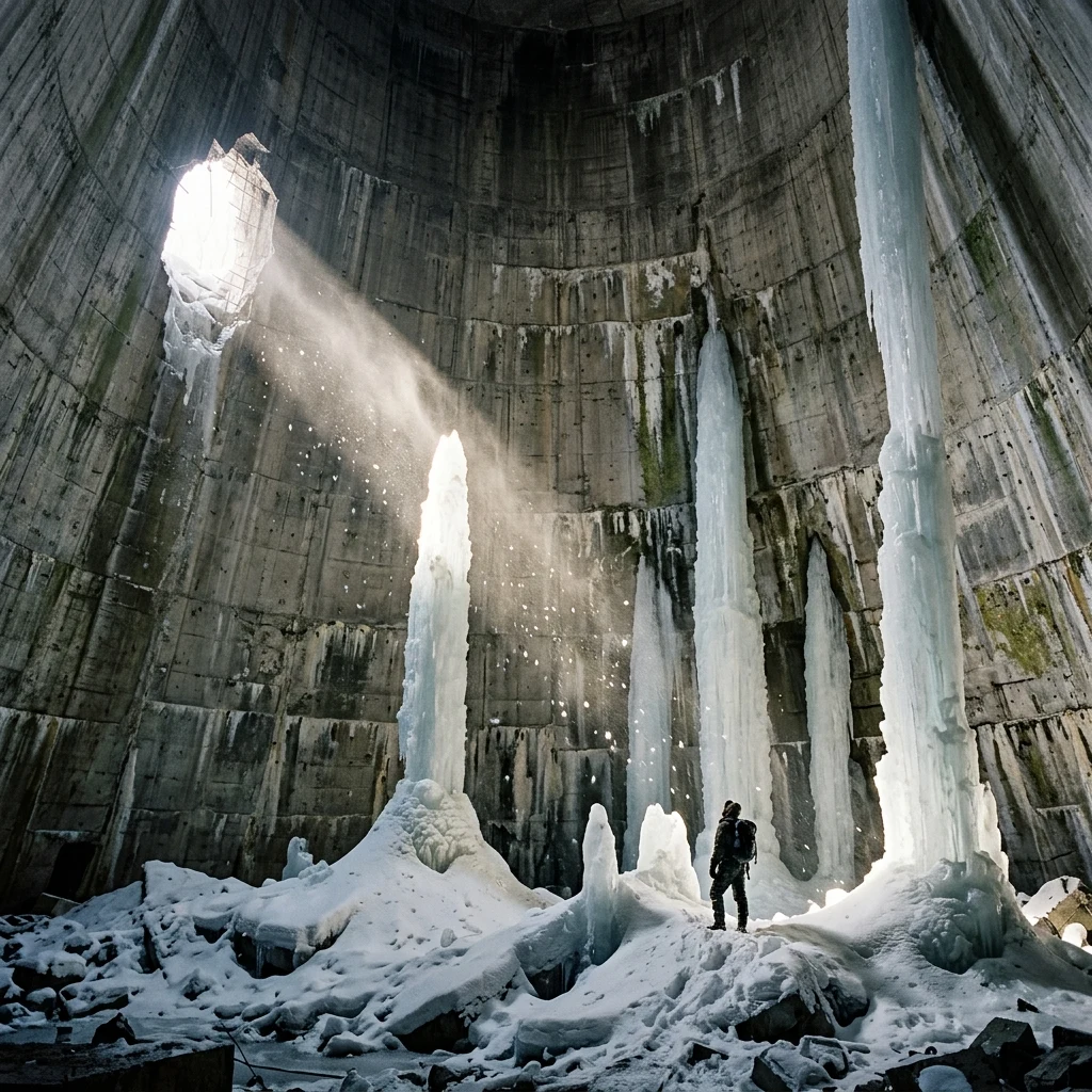 A massive, abandoned cooling tower interior choked with towering ice columns and…
