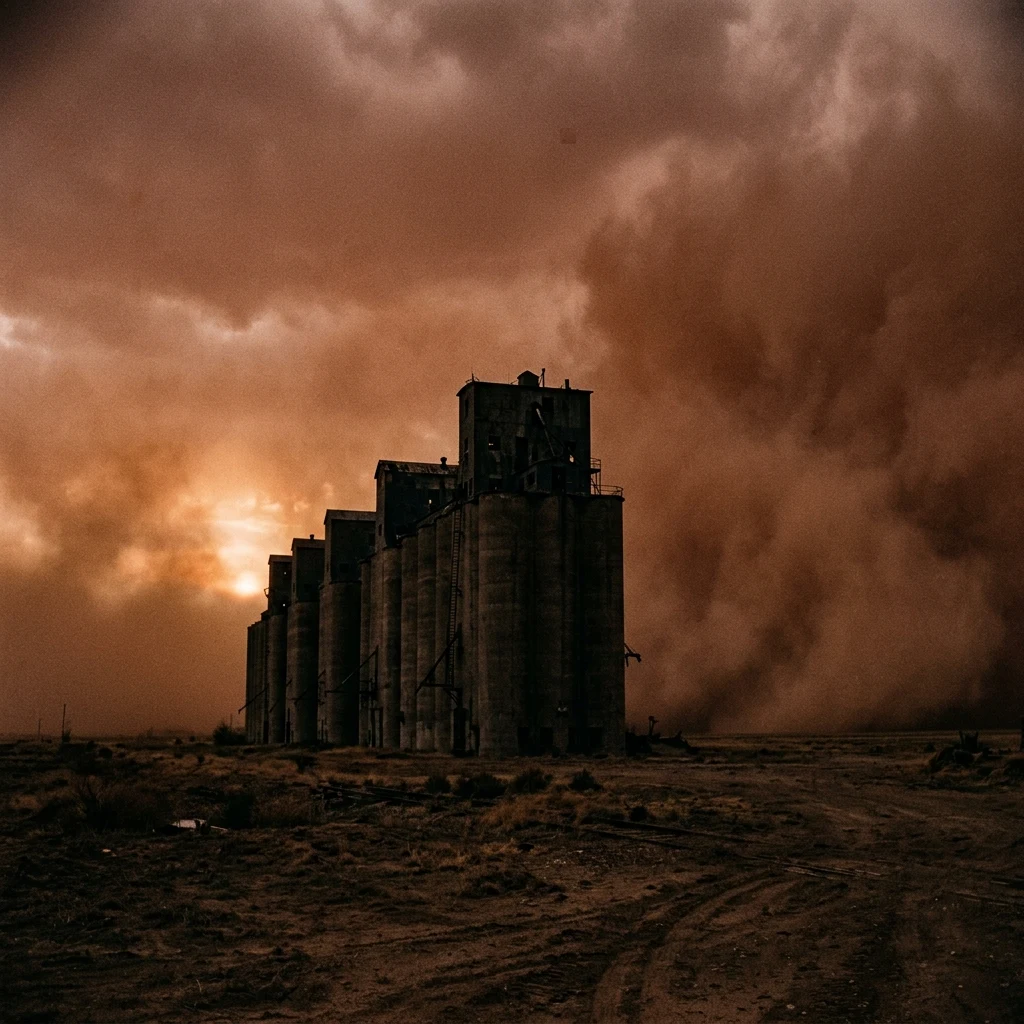 A dust storm rolling over a dead agricultural belt at dusk