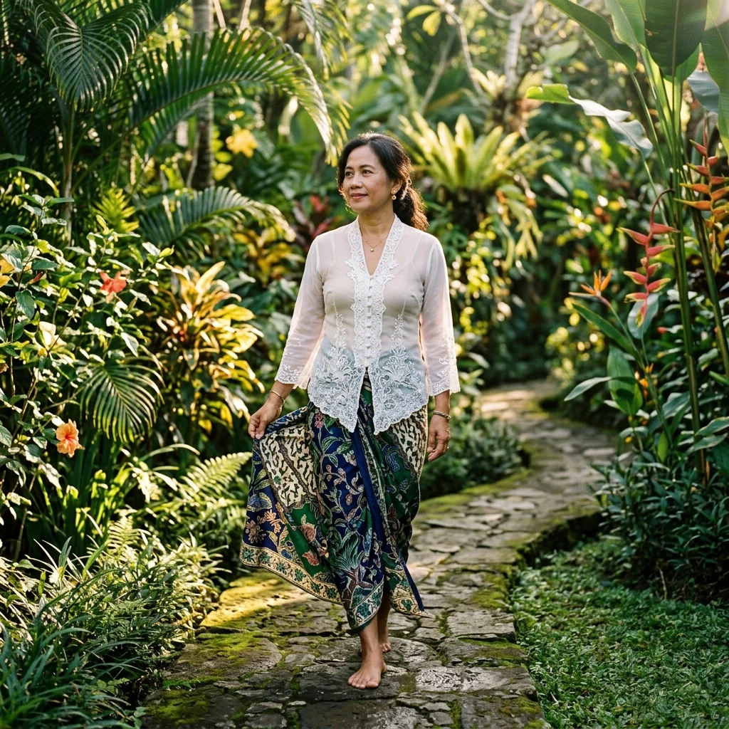 An Indonesian woman in a sheer lace kebaya top paired with a hand-batiked batik tulis…