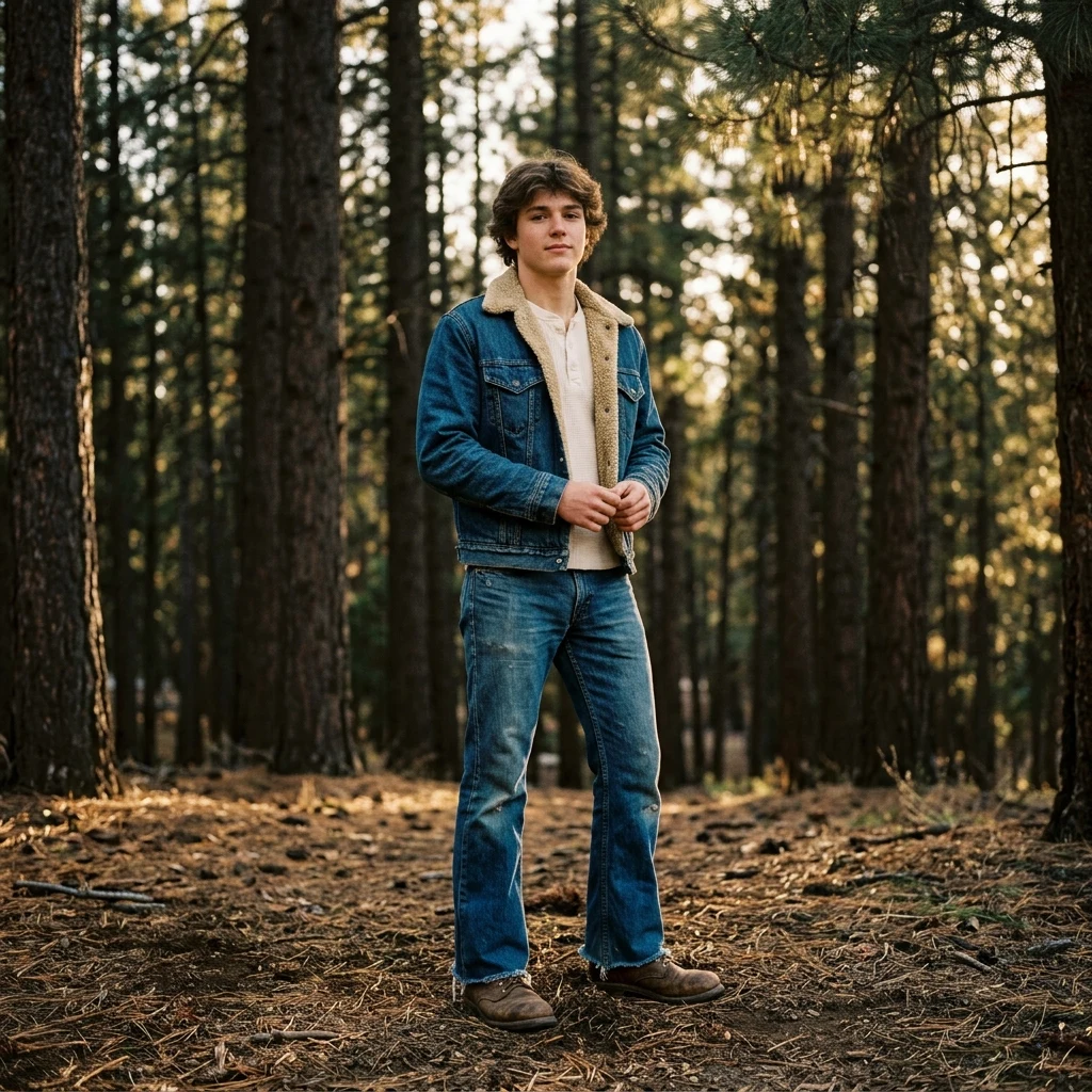 Youth standing in a sunlit pine forest