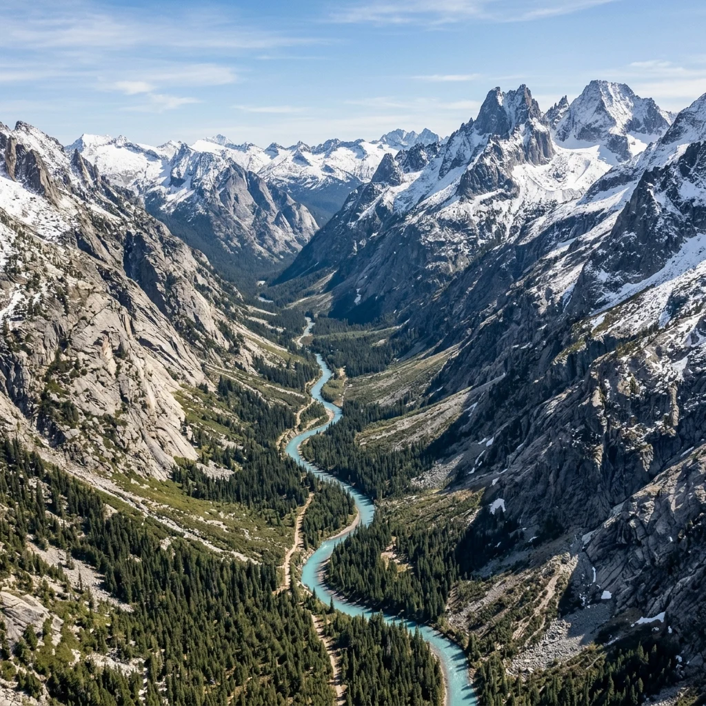 An aerial drone shot looking along the deeply carved glacial valley of Oakhaven Ridge