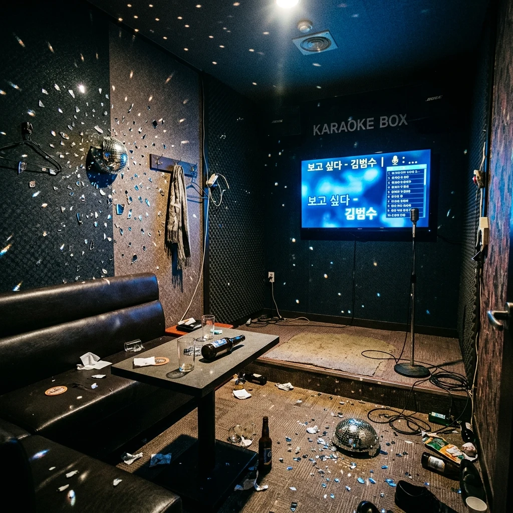 A private karaoke room photographed on flash
