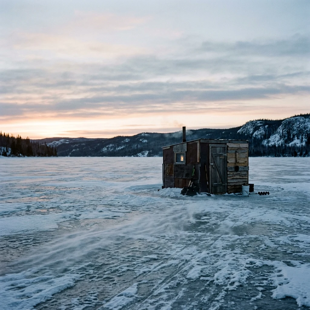 An ice fishing shanty on a frozen lake at dawn