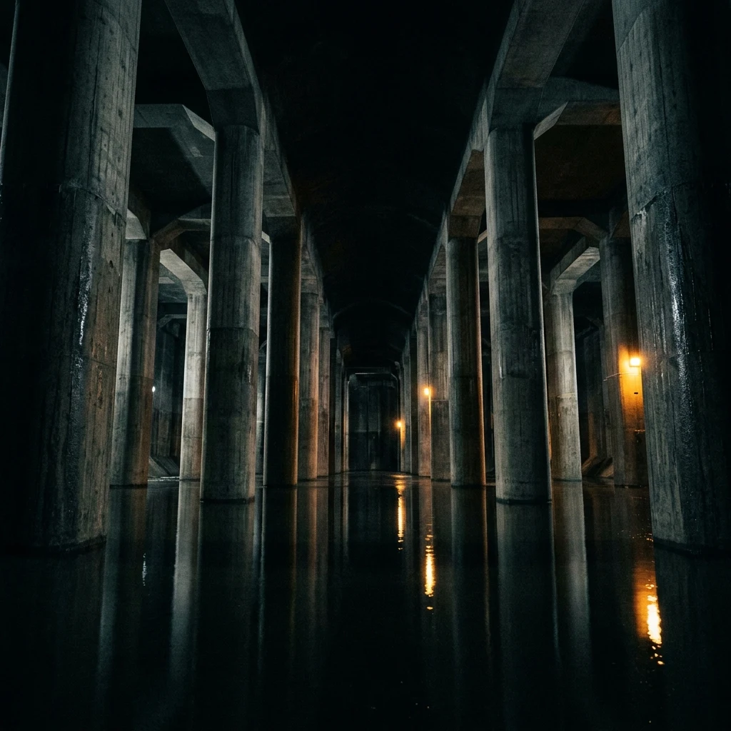 Reflections in a vast concrete storm vault