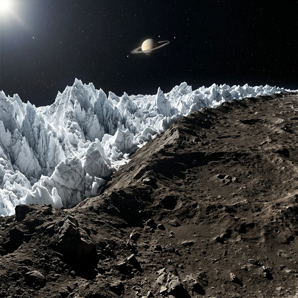 A surface render standing on the walnut-like Equatorial Ridge of Iapetus