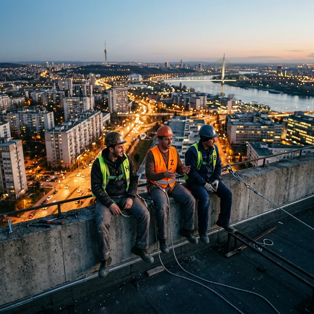 City workers resting on a rooftop