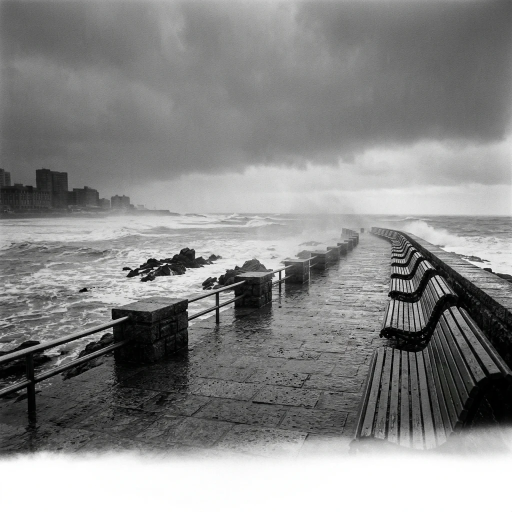 A rainy afternoon on the rocky coast of Mar del Plata