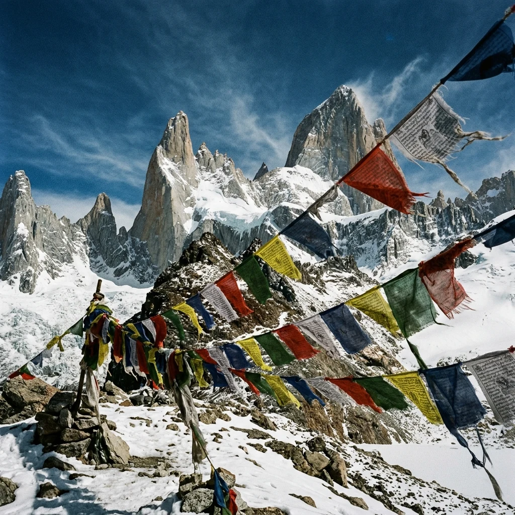 A windswept mountain pass prayer flag line fluttering wildly against a backdrop of…