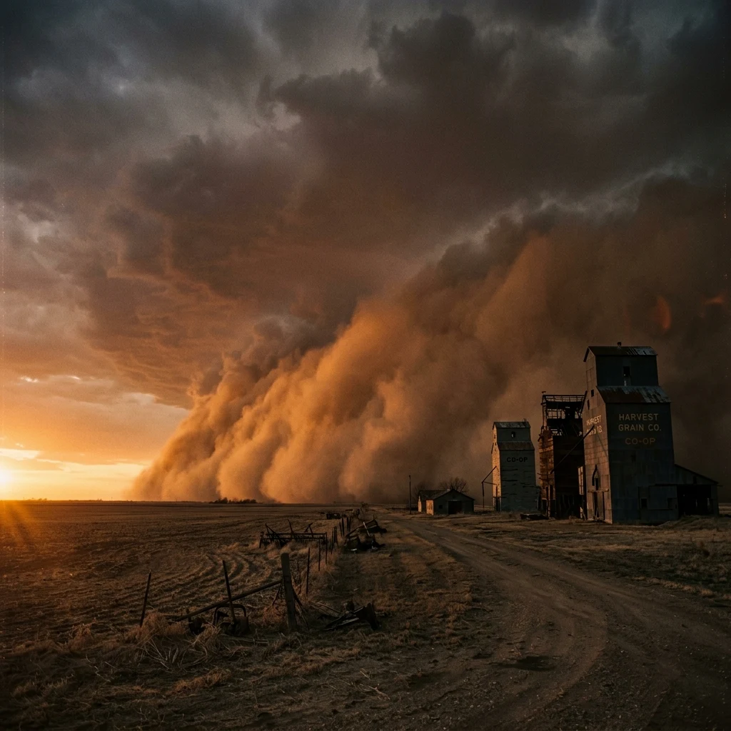A dust storm rolling over a dead agricultural belt at dusk