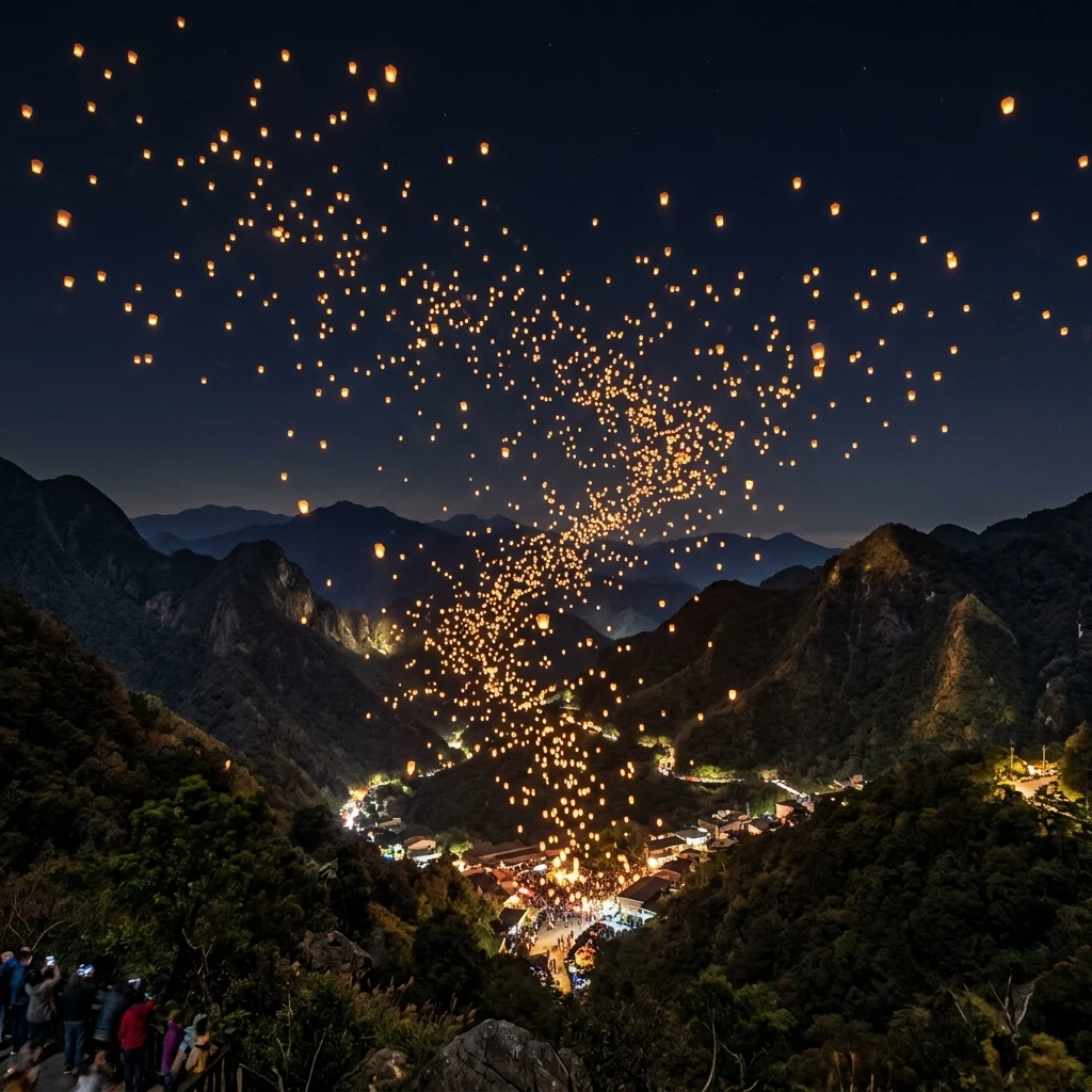 An aerial view of the Pingxi Sky Lantern Festival in Taiwan