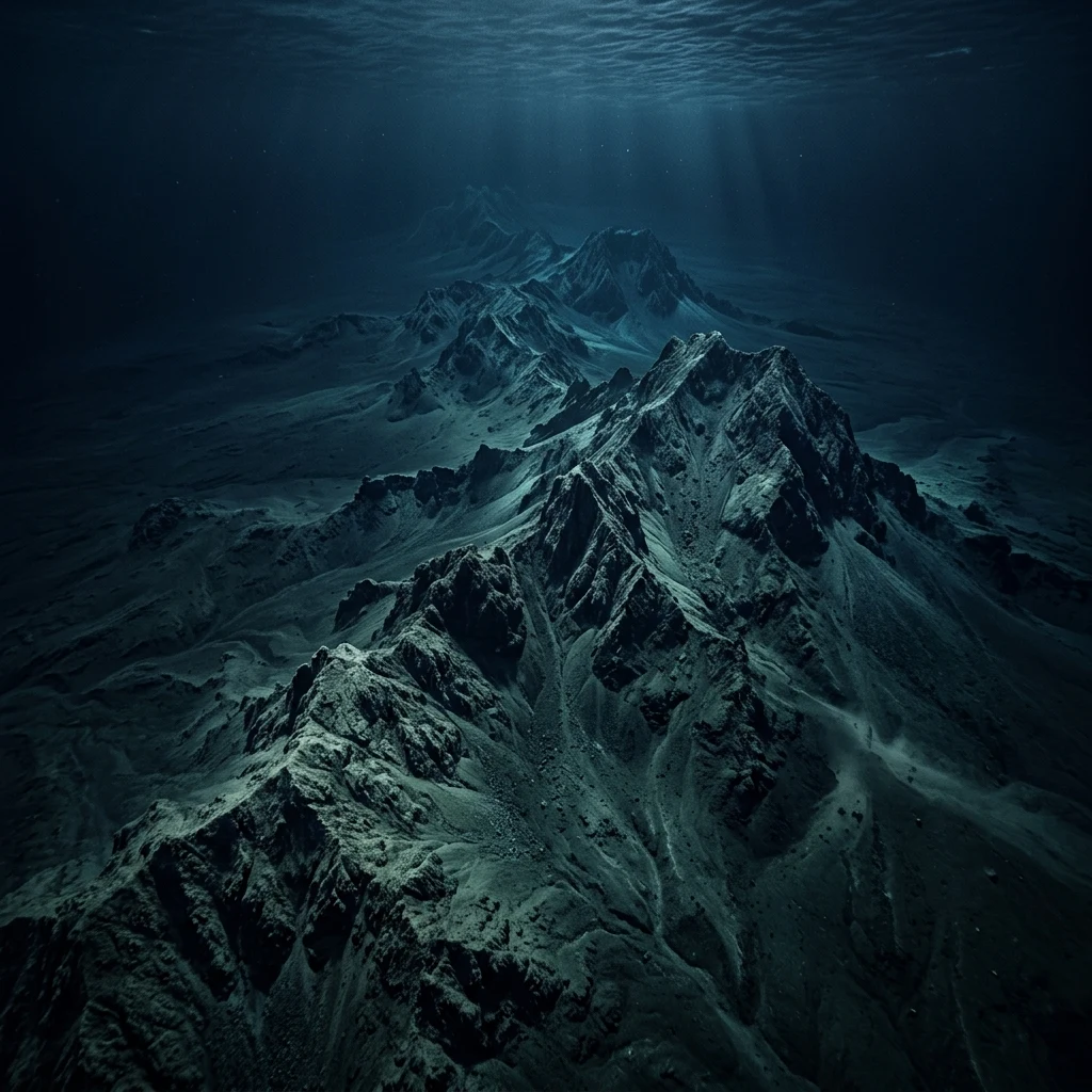 A 3D bathymetric render showing the linear alignment of the extinct volcanic Triton…