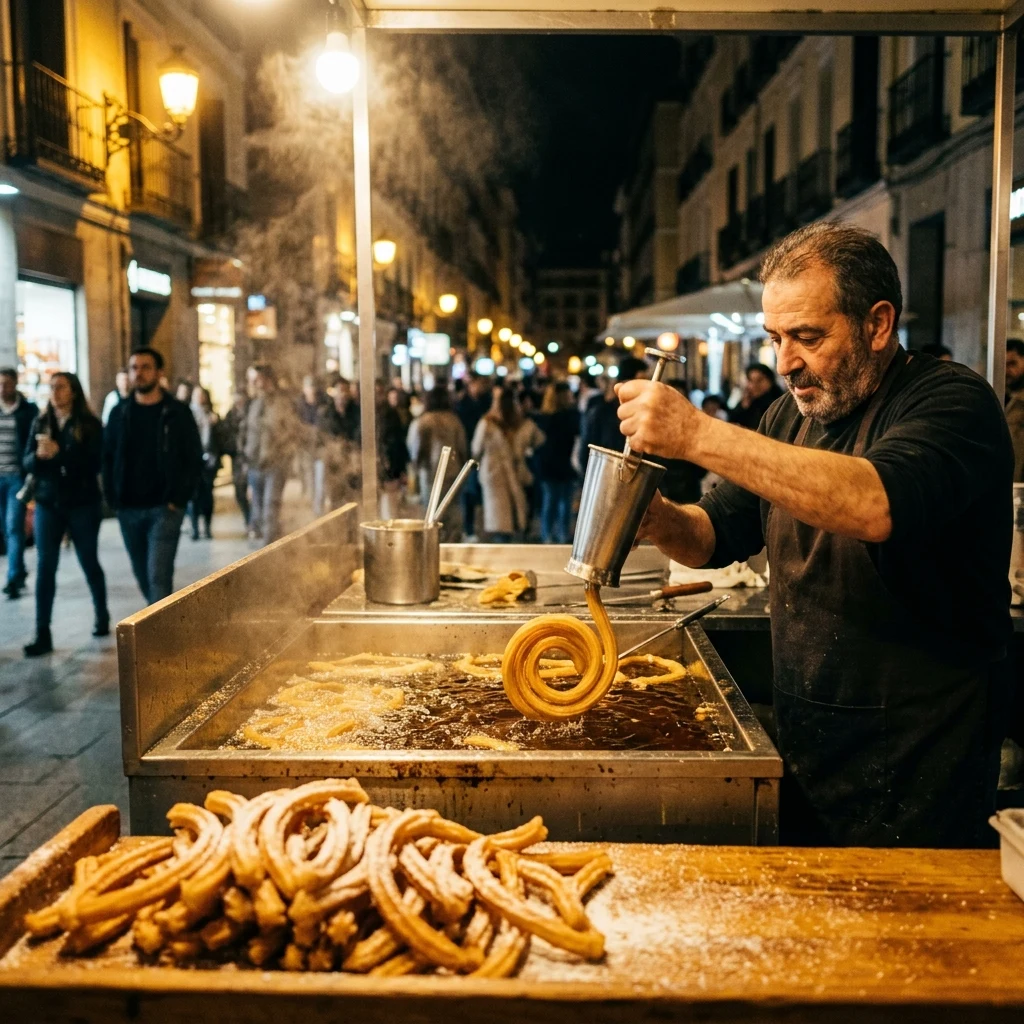 Fresh churros frying at a night market
