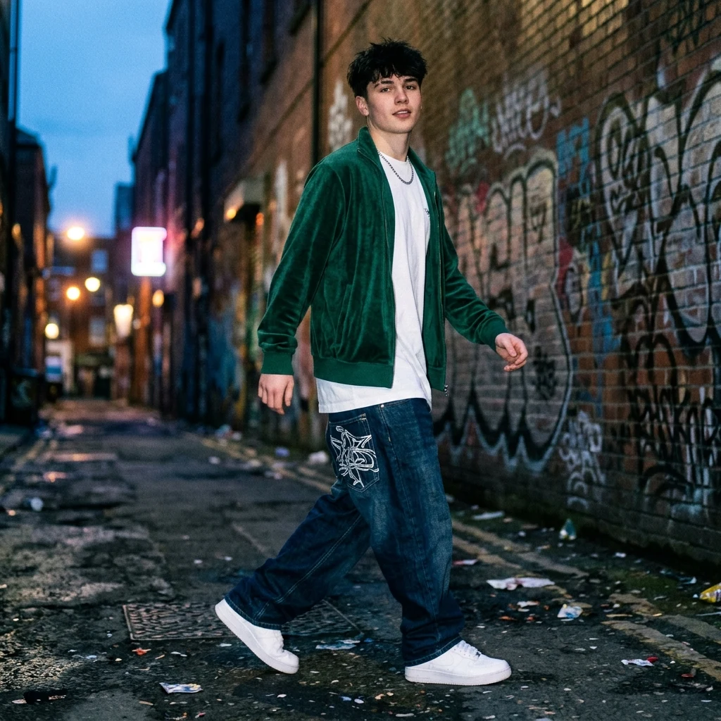 Walking through a city alley at twilight