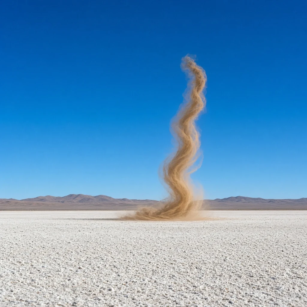 A dust devil crossing a dry salt pan in the Atacama