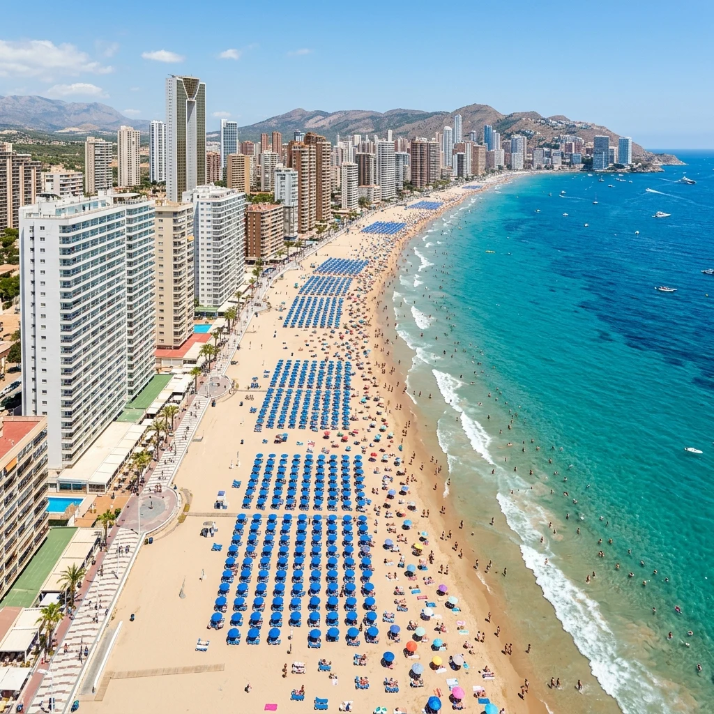An aerial view of the intensely crowded beaches of Benidorm