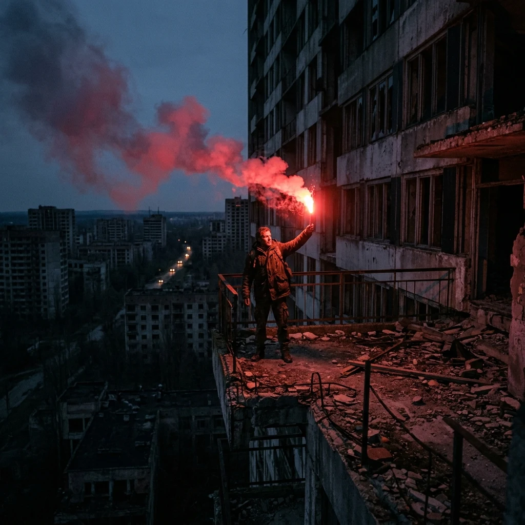 A survivor waving a spitting red road flare from the balcony of an abandoned high-rise…