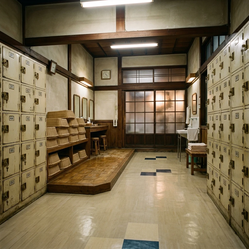 A Japanese sentō changing room photographed with permission on a 28mm