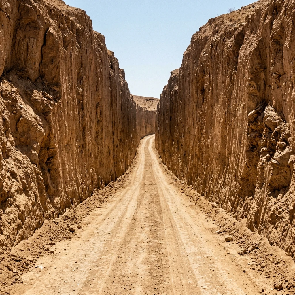 Narrow road through tall earth walls