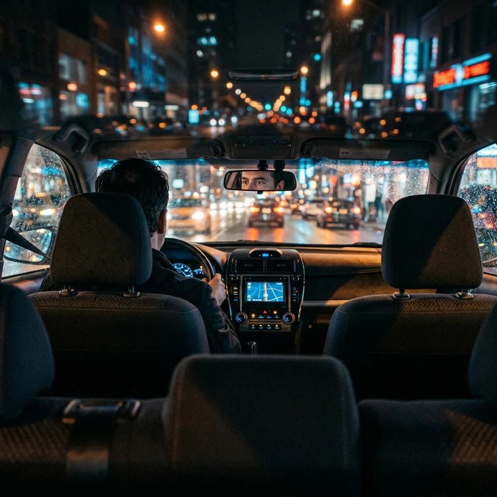 A rideshare driver photographed from the back seat at night