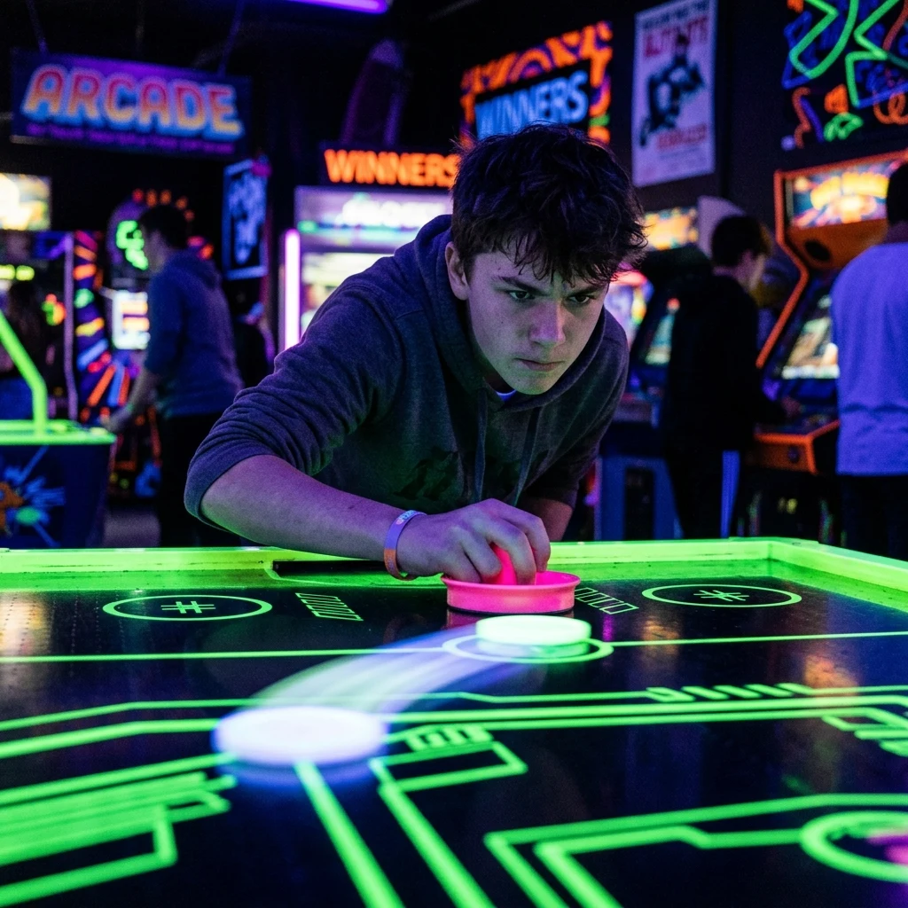 Focused player at a neon air hockey table