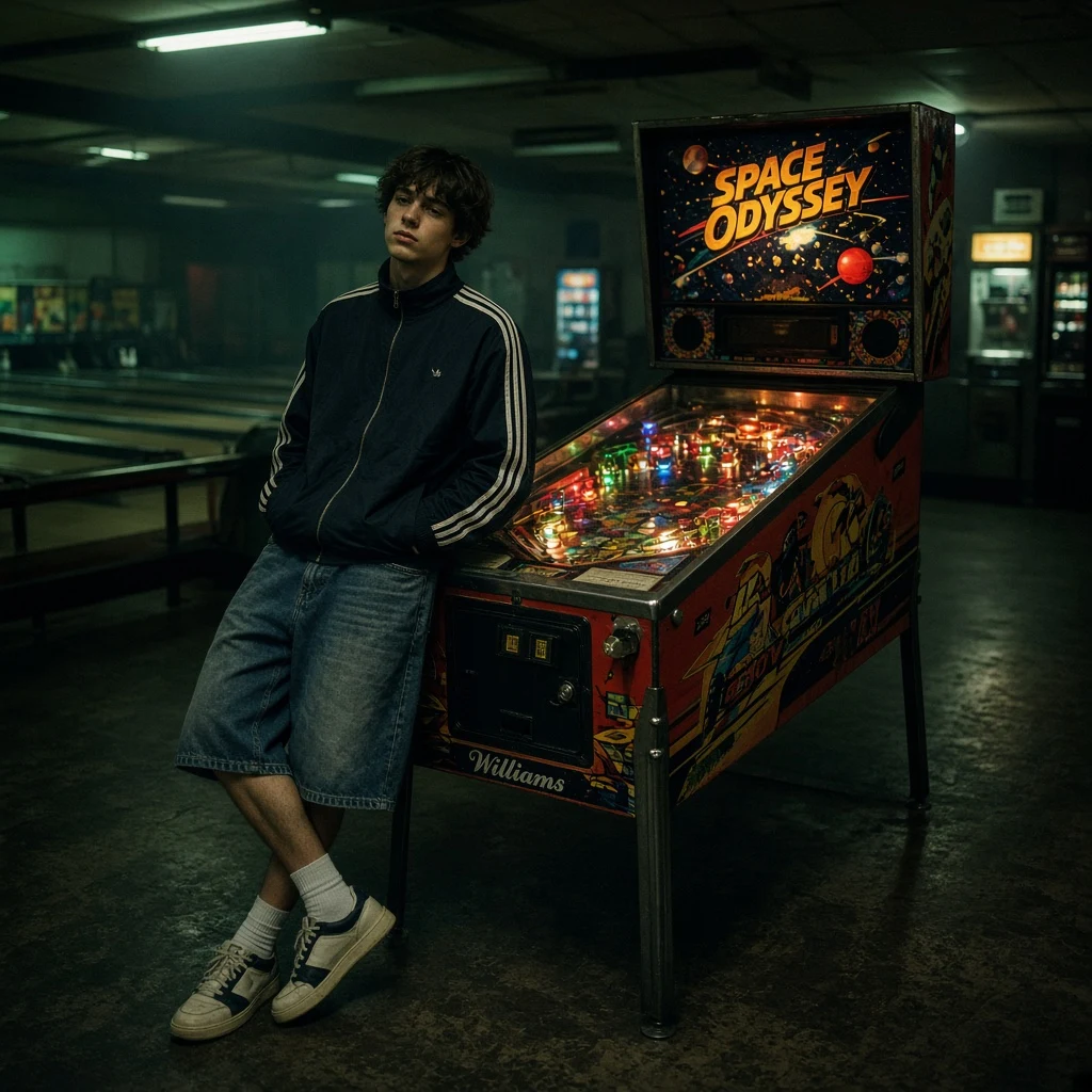 Relaxing by a pinball machine in a bowling alley