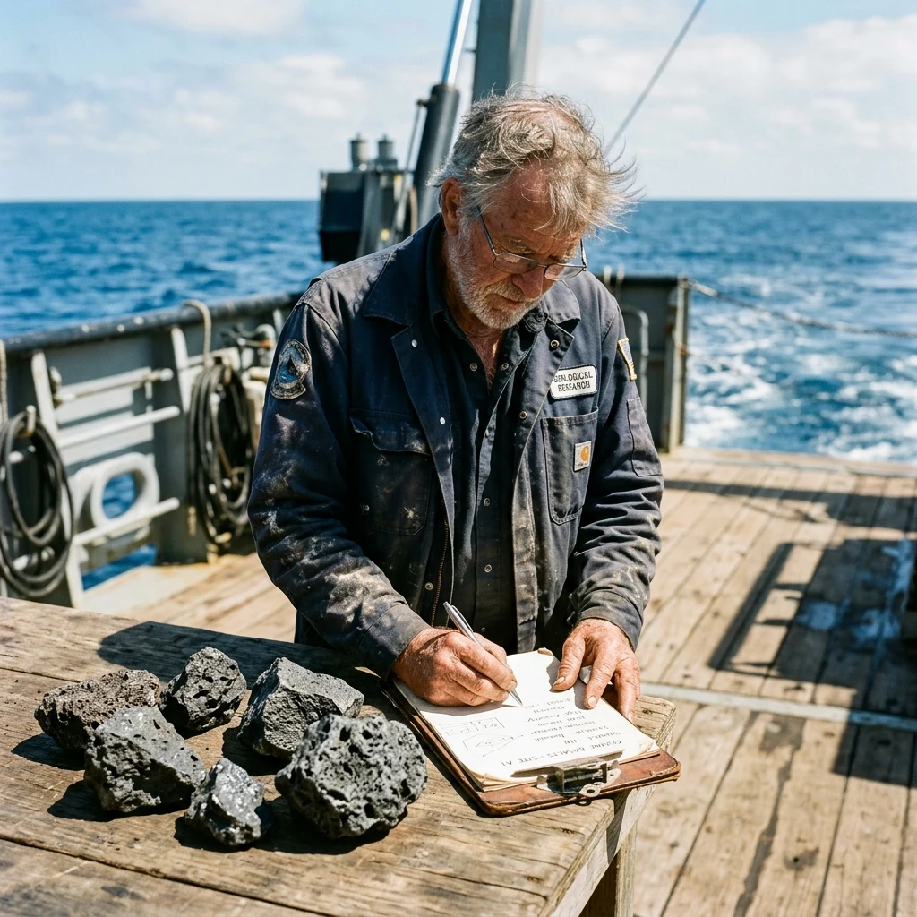 Ancient volcanic rock samples from the Walvis Ridge seamounts being logged on a clipboard…