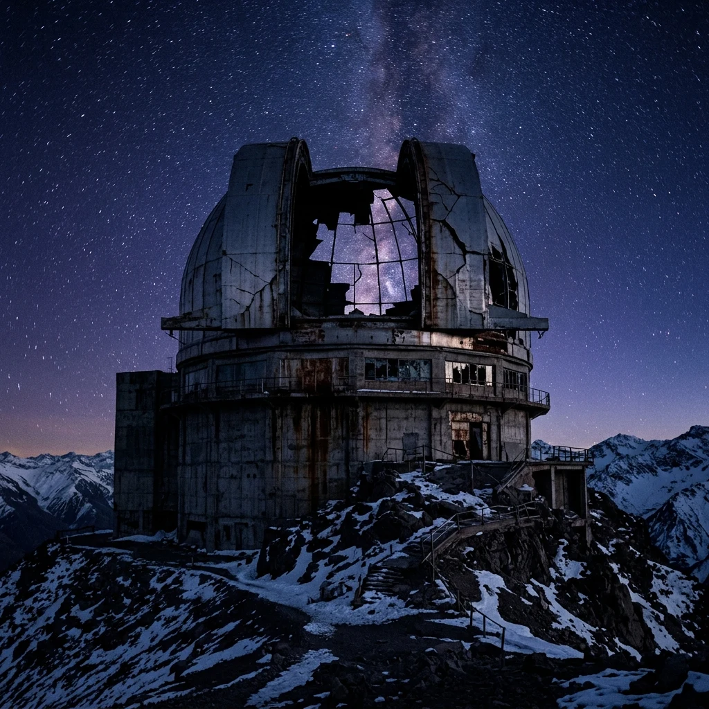 Abandoned observatory under a starry sky