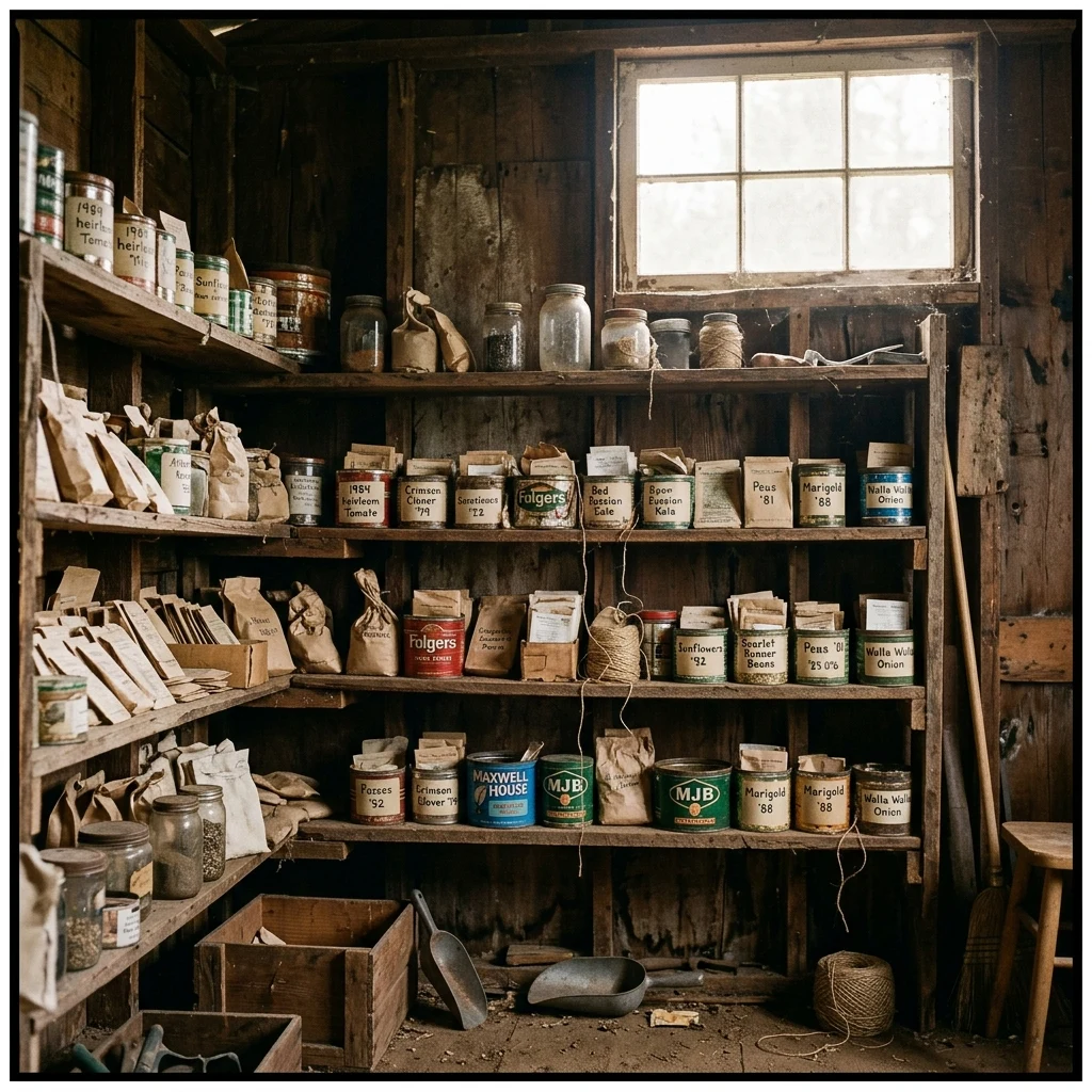 A one-room seed shed interior