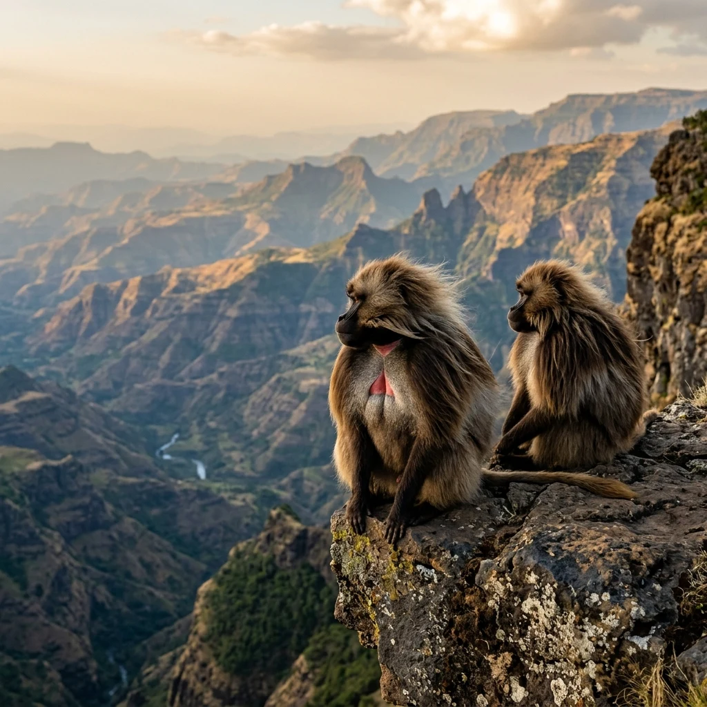 Monkeys on a cliff in the mountains