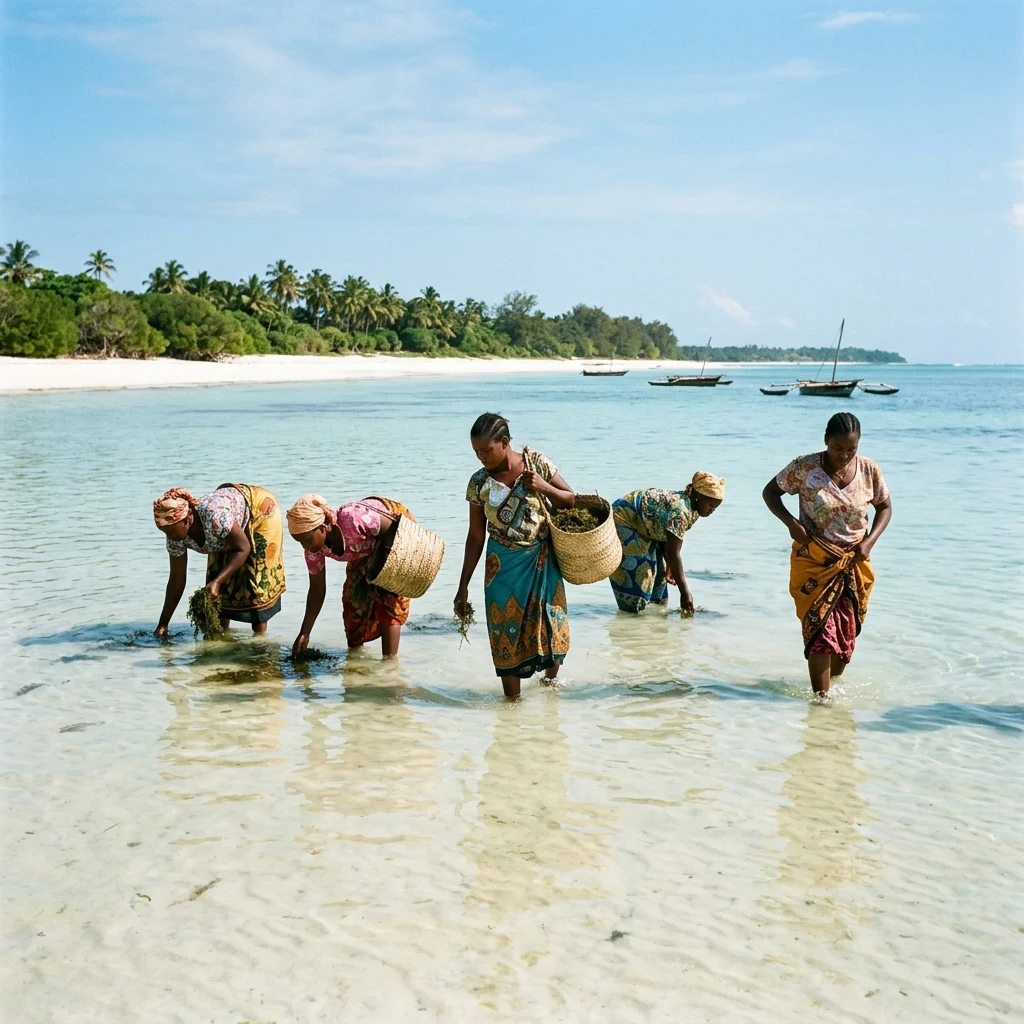 Gathering seaweed in a shallow tropical lagoon