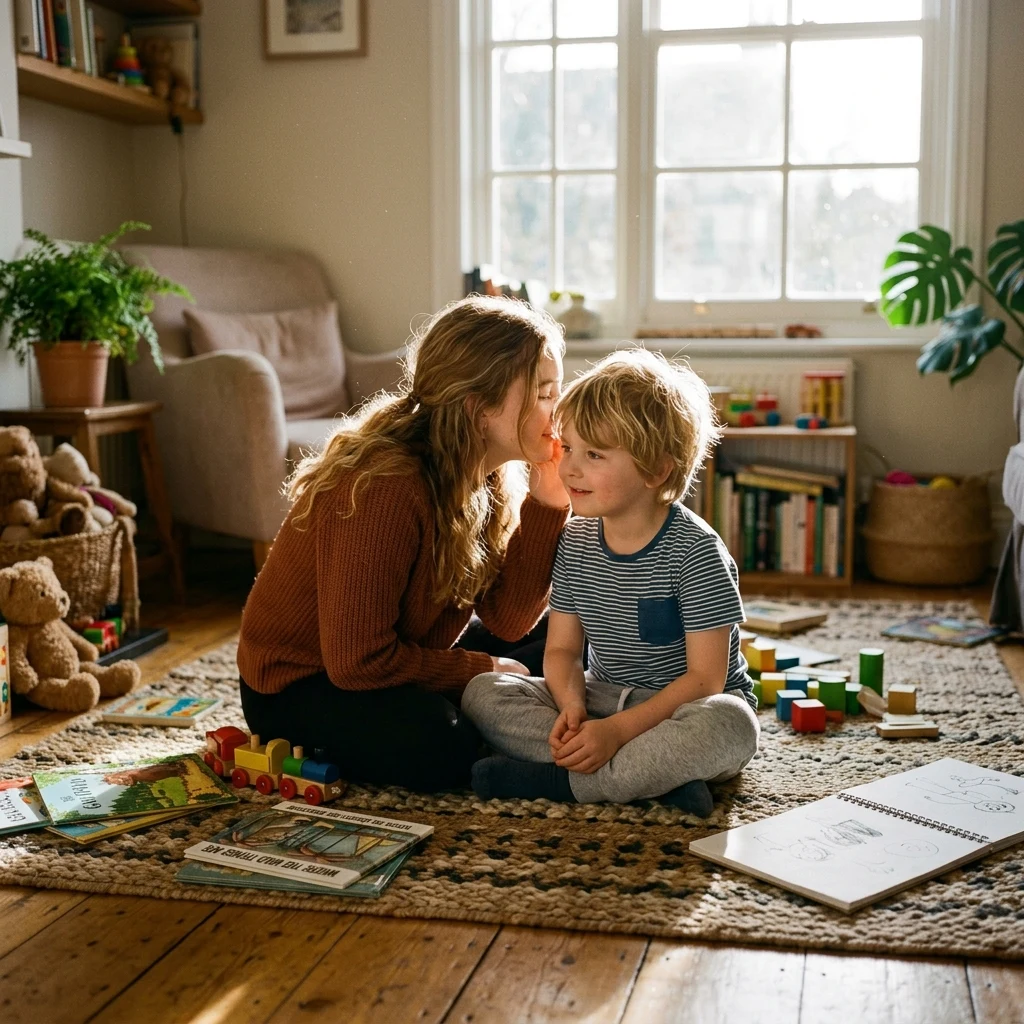 A teenage girl whispering a secret to her six-year-old brother on a rug in a sunlit…