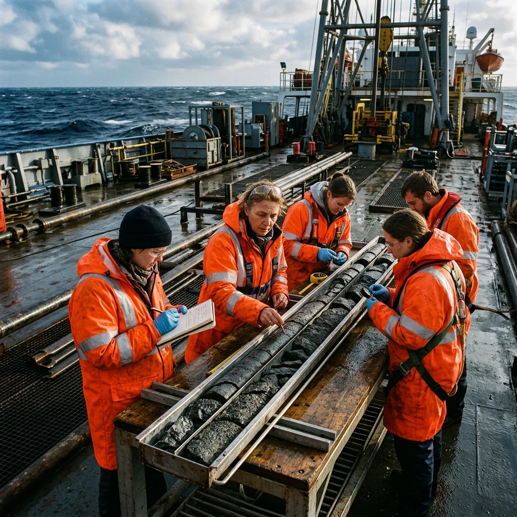 Researchers examining rock samples at sea