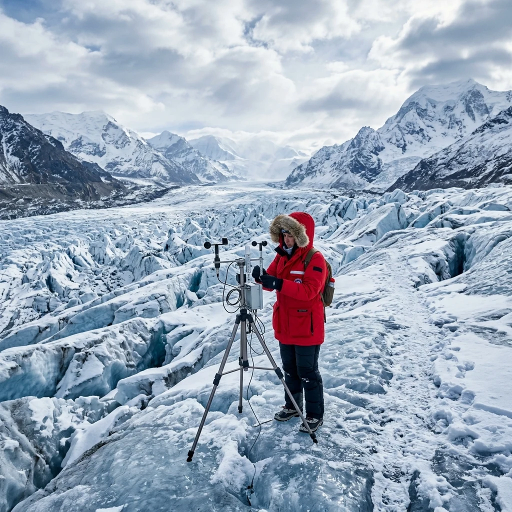 A female researcher in a thermal parka inspecting a high-altitude meteorological sensor…
