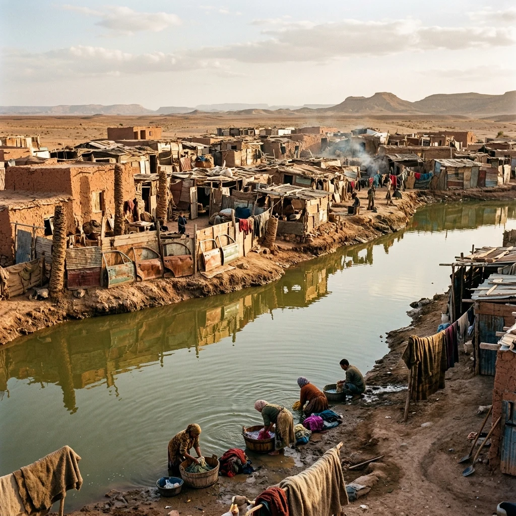 A makeshift subsistence town constructed entirely from mud-brick